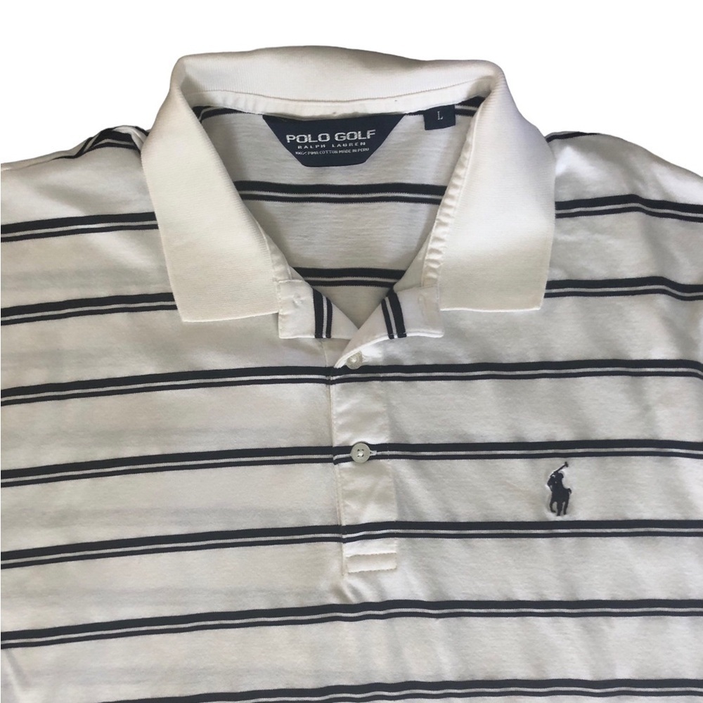 Polo Golf Ralph Lauren Stripped Shirt Sz. L White Navy 100% Pima Cotton Sporty